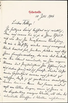 Francke, Kuno, 1855-1930 autograph letter signed to Hugo Münsterberg, Gilbertsville, N.Y., 10 July 1906