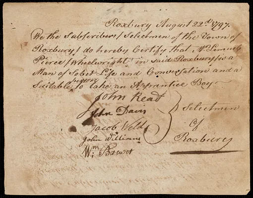 James Mathews indentured to apprentice with Lemuel Pierce of Roxbury, 5 September 1797
