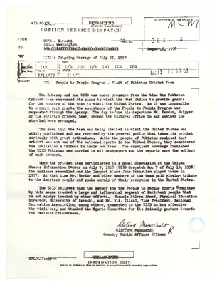 Foreign Service Dispatch Regarding the People-to-People Sponsored Visit of the Pakistan Cricket Team