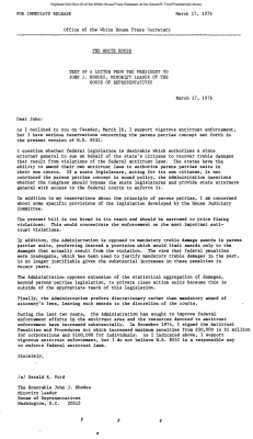 Text of a Letter from the President to John J. Rhodes (R-AZ), Minority Leader of the House of Representatives