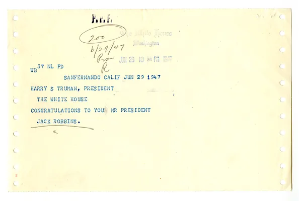 Telegram from Jack Robbins to President Harry S. Truman