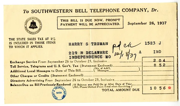 Bill from Southwestern Bell Telephone Company to Harry S. Truman