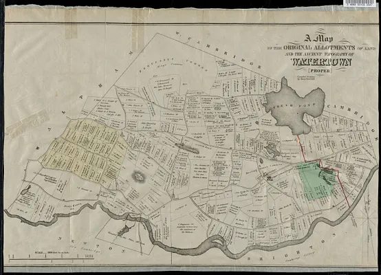 A map of the original allotments of land and the ancient topography of Watertown proper