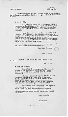 Press Release, Correspondence Between President Harry S. Truman and Charles Fahy