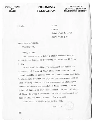 Telegram from Averell Harriman to Secretary of State James Byrnes