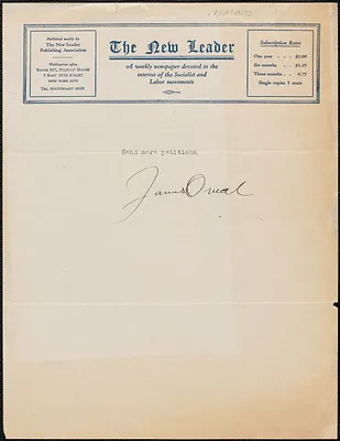 James Oneal (The New Leader) typed note signed to Sacco-Vanzetti Defense Committee, New York, N.Y., [April? 1927]