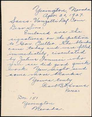Pearl B. Karaus autograph note signed to Sacco-Vanzetti Defense Committee, Yerington, New., April 20, 1927