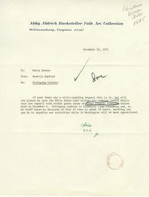 Memorandum from Beatrix Rumford to Maria Downs Regarding Stringing Cookies for White House Christmas Decorations