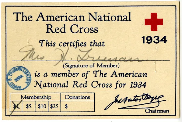 American Red Cross Membership Card for Bess W. Truman