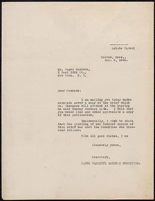 Amleto Fabbri (Sacco-Vanzetti Defense Committee) typed letter (circular) to Roger N. Baldwin, Boston, Mass., January 8, 1926