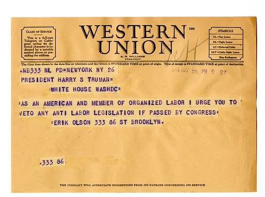 Telegram from Erik Olson to President Harry S. Truman