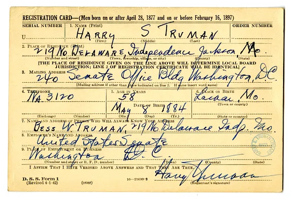 Draft Registration Card of Senator Harry S. Truman