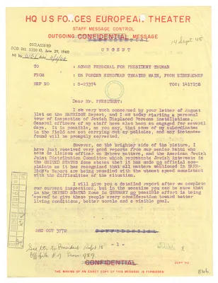 Telegram, General Dwight D. Eisenhower to President Harry S. Truman