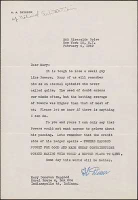 A. A. Desser (National Arbitration) typed letter signed to Mary [Donovan Hapgood], New York, N. Y., February 6, 1949