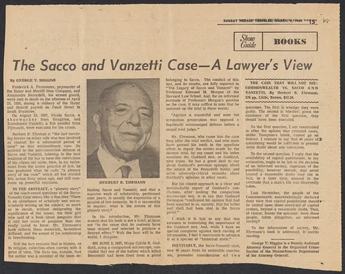 Herbert Brutus Ehrmann Papers, 1906-1970. Sacco-Vanzetti. Negative reviews, 1969. Box 8, Folder 10, Harvard Law School Library, Historical & Special Collections