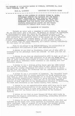 Press Release, Speech by Governor Thomas E. Dewey, Des Moines, Iowa