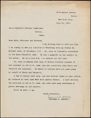 Leonard D. Abbott (The Square Deal) typed letter signed to Sacco-Vanzetti Defense Committee, New York, N.Y., July 11, 1927