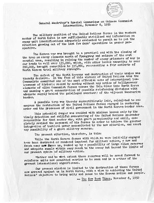 Copy of General Douglas MacArthur's Special Communique on Chinese Communist Intervention, from the New York Times