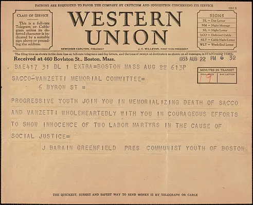 J. Barain Greenfield (Communist Youth of Boston) telegram to Sacco-Vanzetti Memorial Committee, Boston, Mass., August 22, 1933