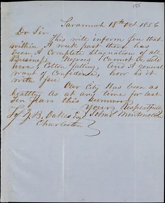 John S. Montmollin, Savannah, Ga., autograph note signed to Ziba B. Oakes, 18 October 1856