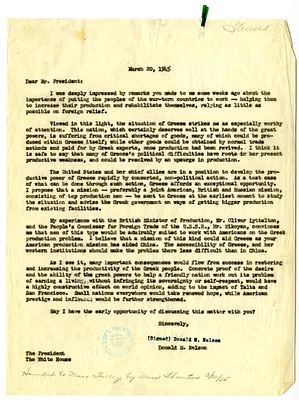 Letter from Donald W. Nelson to President Franklin D. Roosevelt