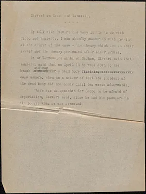 [Thomas O'Connor] typed note, [Boston, Mass., August 1927]: Stewart on Sacco and Vanzetti