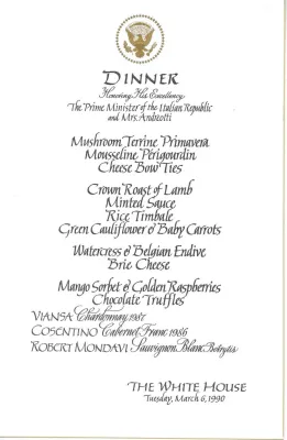 Cards-Menus, Dinner, Honoring His Excellency The Prime Minister of the Italian Republic and Mrs. Andreotti, The White House, March 6, 1990
