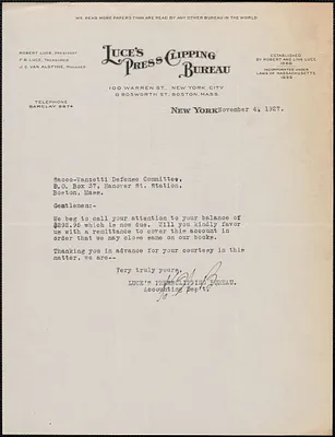 Luce's Press Clipping Bureau typed letter signed to Sacco-Vanzetti Defense Committee, Boston, Mass., November 4, 1927