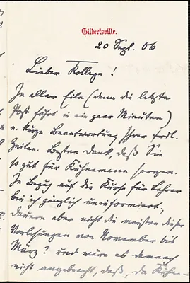 Francke, Kuno, 1855-1930 autograph letter signed to Hugo Münsterberg, Gilbertsville, N.Y., 20 September 1906