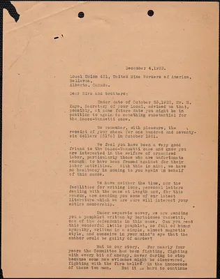 A. L. Carpenter [Sacco-Vanzetti Defense Committee] typed letter (copy) to Local Union 431, United Mine Workers of America, [Boston, Mass.], December 4, 1923