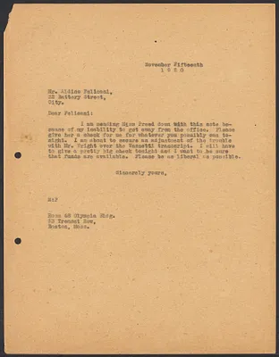 Sacco-Vanzetti Case Records, 1920-1928. Correspondence. Sacco-Vanzetti Defense Committee Correspondence to Aldino Felicani, November 15, 1920. Box 41, Folder 11, Harvard Law School Library, Historical & Special Collections