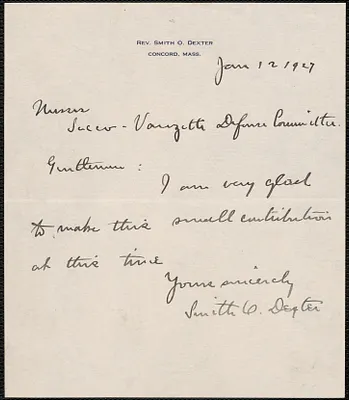 Smith O. Dexter autograph note signed to Sacco-Vanzetti Defense Committee, Concord, Mass., January 12, 1927