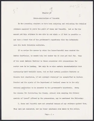 Herbert Brutus Ehrmann Papers, 1906-1970. Sacco-Vanzetti. Part II, Chapter 19: Cross-examination of Vanzetti. Box 6, Folder 7, Harvard Law School Library, Historical & Special Collections