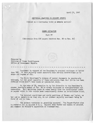 Report, Editorial Reaction to Current Issues, Greek Situation, Part IV