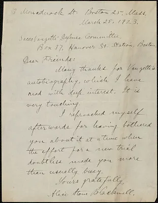 Alice Stone Blackwell autograph letter signed to Sacco-Vanzetti Defense Committee, Boston, Mass., March 25, 1923
