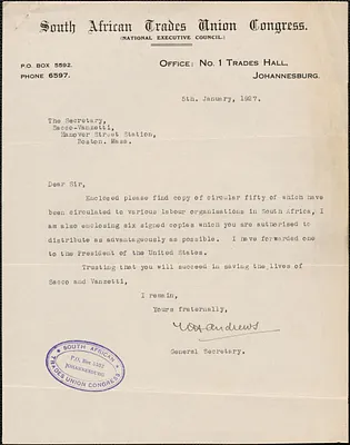 W. Andrews (South African Trades Union Congress) typed letter signed to Sacco-Vanzetti Defense Committee, Johannesburg, South Africa, January 5, 1927