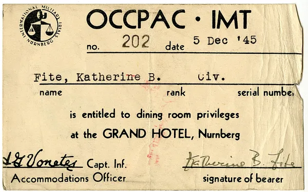Admittance Card for Dining Room, Grand Hotel, Nuremberg, for Katherine B. Fite