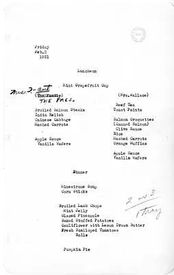 White House Luncheon and Dinner Menu