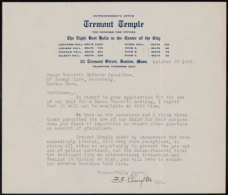 F. F. Plimpton (Tremont Temple) typed letter signed to Sacco-Vanzetti Defense Committee (attention: Joseph Moro), Boston. Mass., October 26, 1926