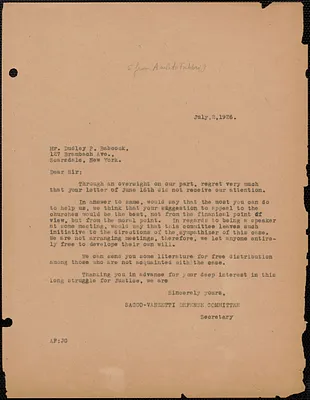 Sacco-Vanzetti Defense Committee typed letter (copy) to Dudley Paul Babcock, Boston, Mass., July 2, 1926