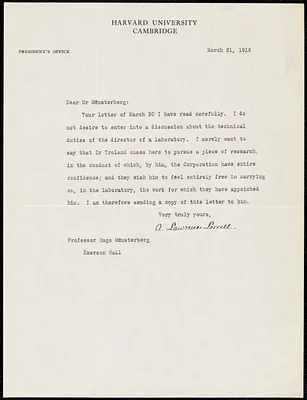 Lowell, A. Lawrence (Abbott Lawrence), 1856-1943 typed letter signed to Hugo Münsterberg, Cambridge, Mass., 31 March 1916