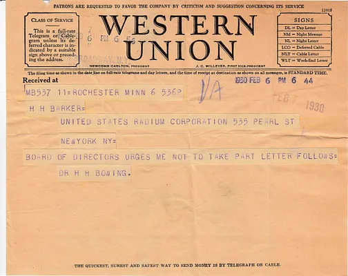 Telegram to H.H. Barker, February 6, 1930