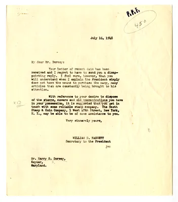 Letter from Harry Dorsey to President Harry S. Truman with a Reply from William D. Hassett
