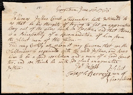 John Forbus indentured to apprentice with Joshua Combs, Jr. of Georgetown, 20 August 1766