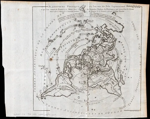Planisphere physique, où l'on voit du Pole Septentrional ce que l'on connoit de terres et de mers