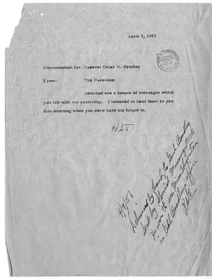 Memorandum from President Harry S. Truman to General Omar Bradley, with Attachments