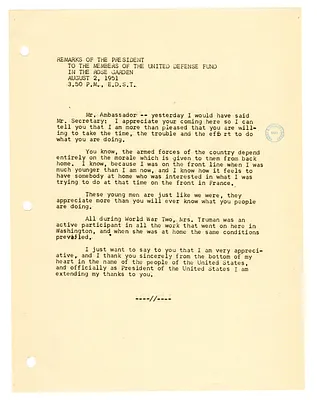 White House Press Release, Remarks of President Harry S. Truman