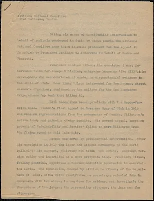 Citizens National Committee for Sacco and Vanzetti press release (copy), Boston, Mass., [August 1927]