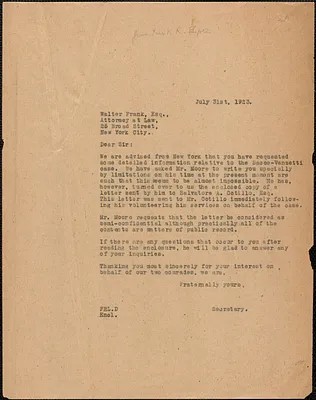 Frank R. Lopez (Sacco-Vanzetti Defense Committee) typed letter (copy) to Walter Frank, Boston, Mass., July 31, 1923