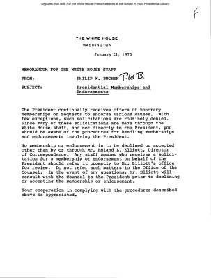 Memorandum for the White House Staff from Philip W. Buchen re: Presidential Memberships and Endorsements